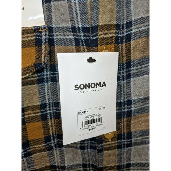 SONOMA Sz M Supersoft Flannel Navy Blue Gray Orange Plaid L/S Shirt Mens - Picture 2 of 4